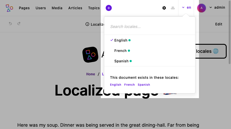 The Apostrophe locale chooser showing the page in all locales