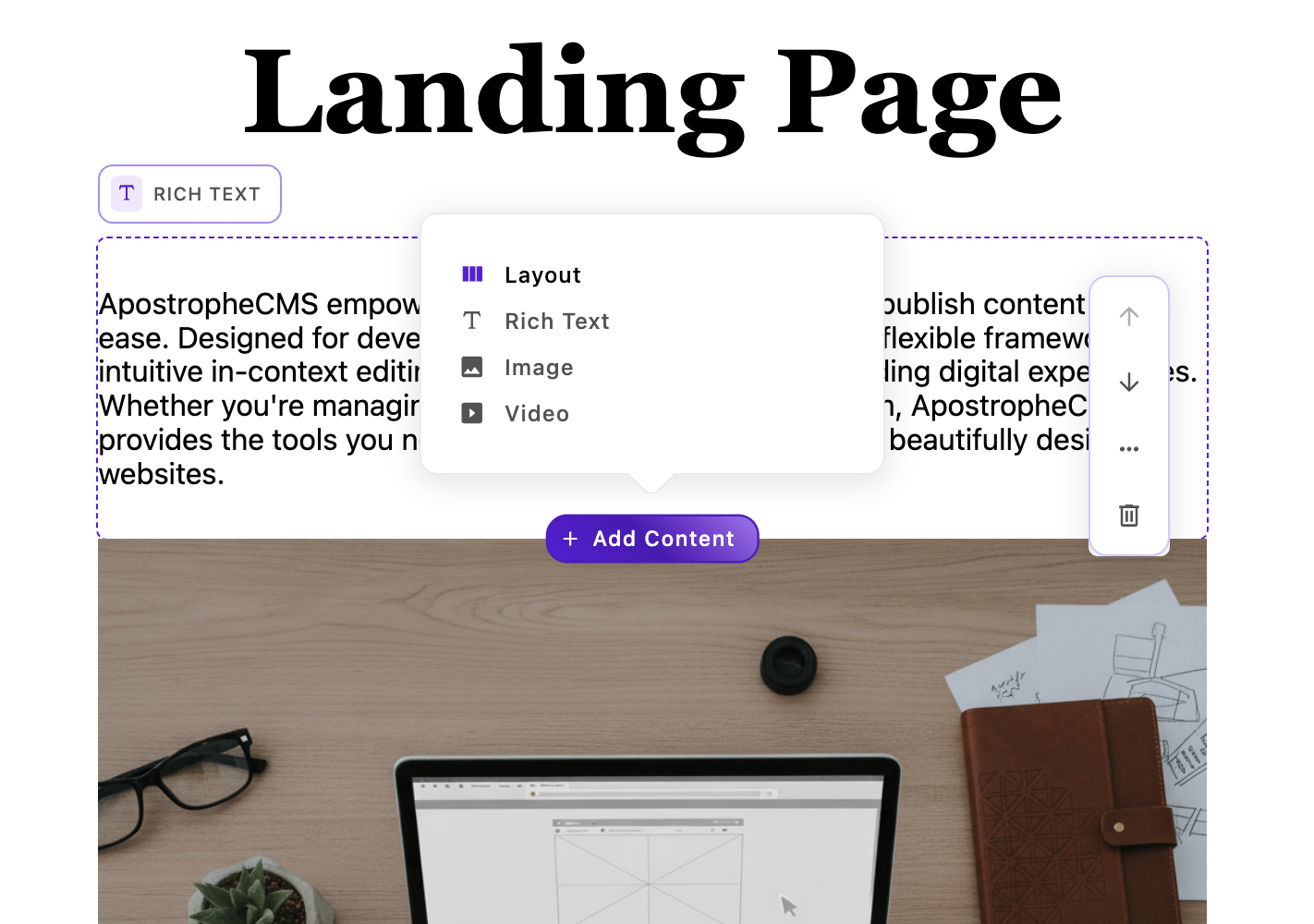 The landing page main area with the menu open, showing available widgets