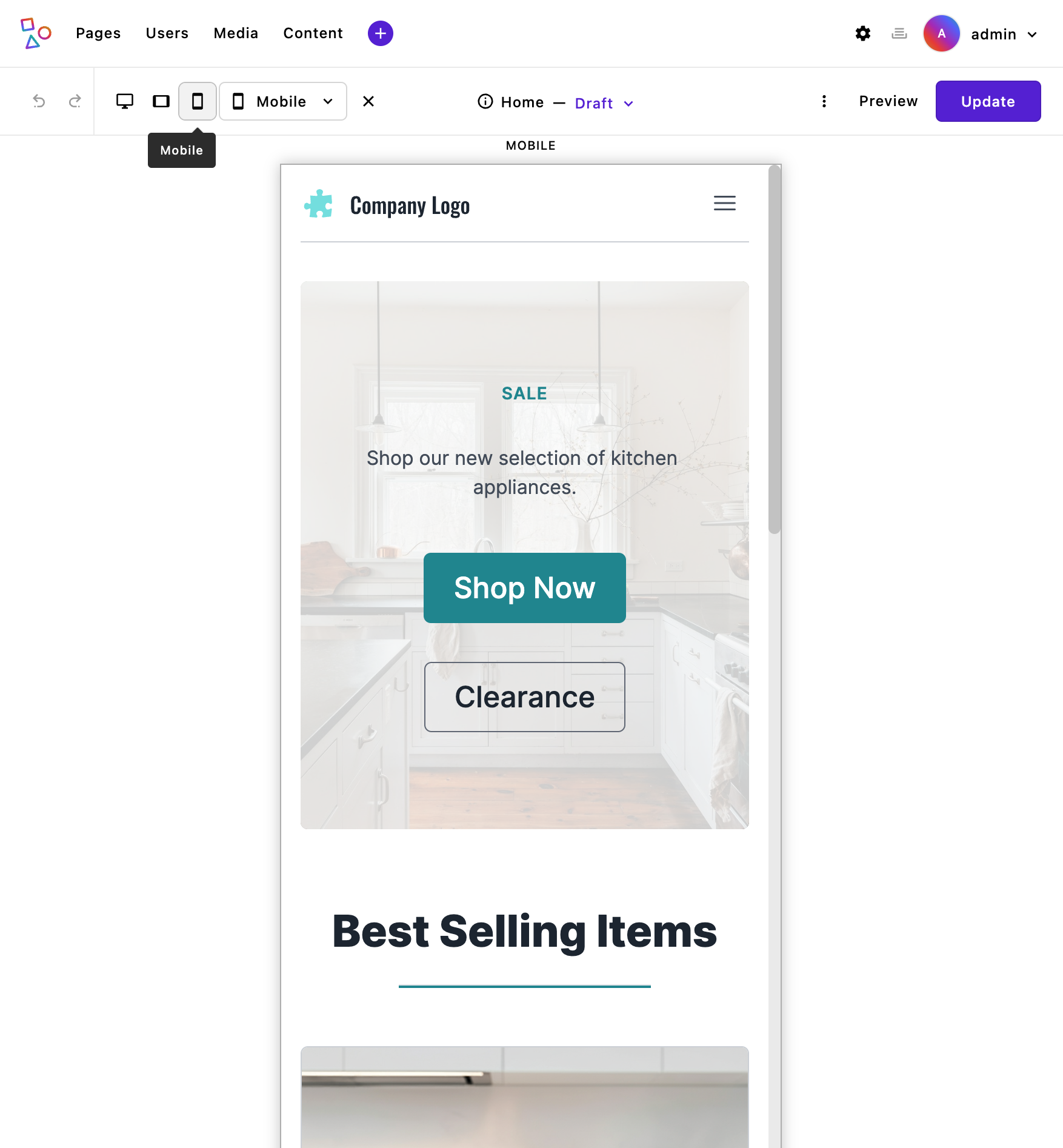 Screen shot of breakpoint preview with ecommerce