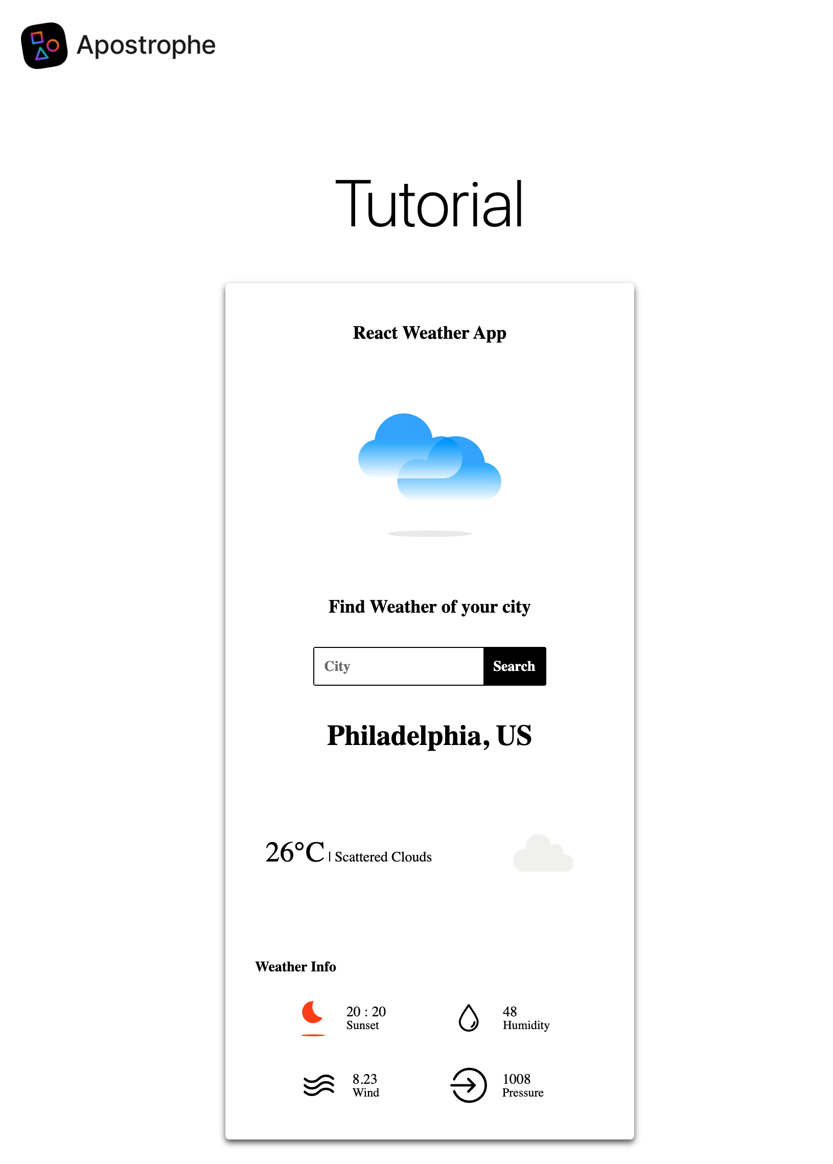 Screenshot of the react weather widget with Philadelphia set to the default city