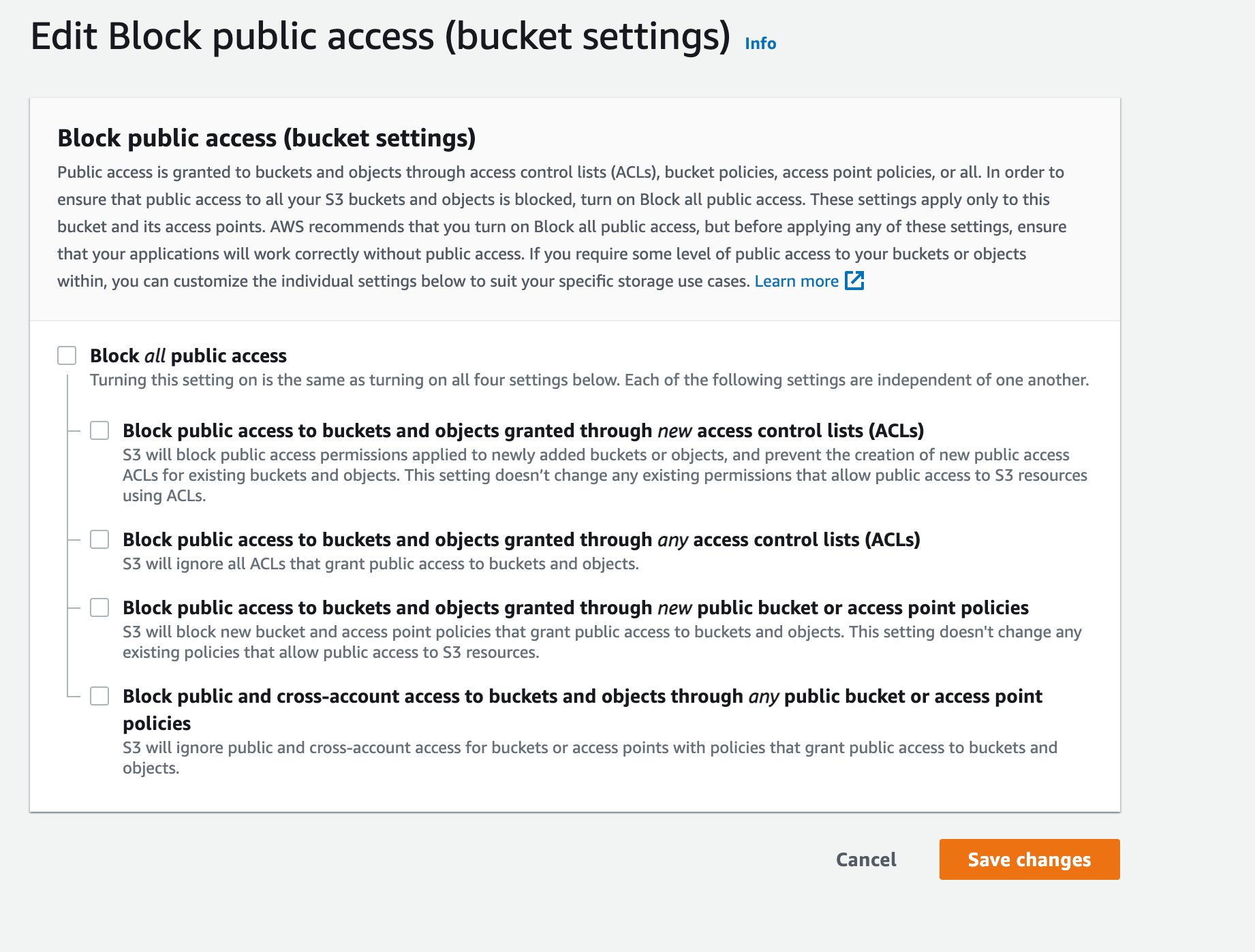 S3 console showing all public access blocks for S3 bucket turned off