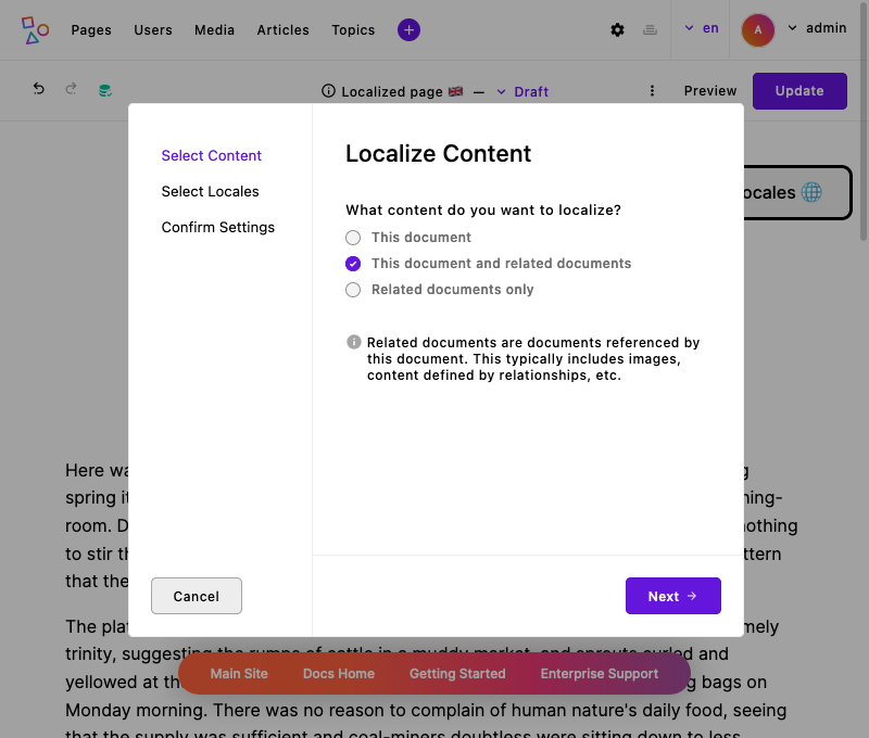 The localization wizard modal with options for what docs to localize